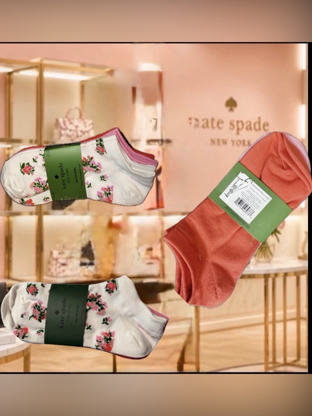 kate spade White Low-Cut Floral Sock Trio with Pink & Orange Trim
